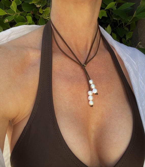 PEARL LEATHER CHOKER necklace | coastal cowgirl western jewelry | lariat y necklace | choice of gemstone and leather | adjustable | NELE2AHp