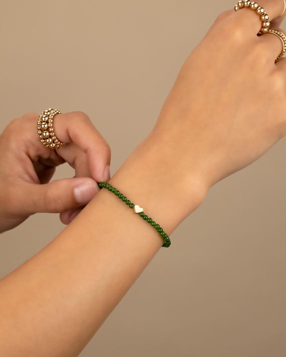 JADE HEART beaded bracelet • tiny heart • genuine green jade • Sterling silver • gold filled • stretch water resistant • valentines day gift