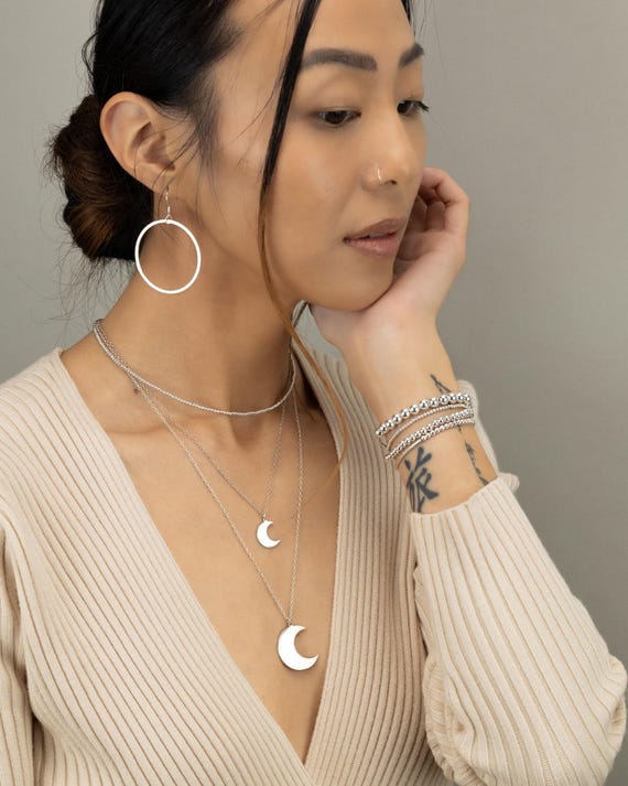 CRESCENT MOON PENDANT necklace • dainty gift for her • lunar charm • birthday anniversary • water resistant layering necklace • NECC3PCAP