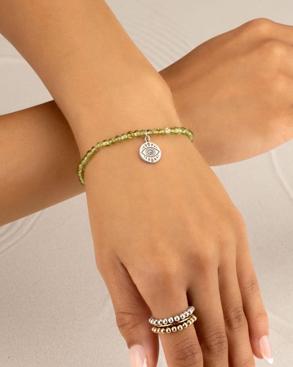 PERIDOT CHARM BRACELET • personalized charm • august birthstone • leo virgo birthday gift • stretch gemstone bracelet • water resistant