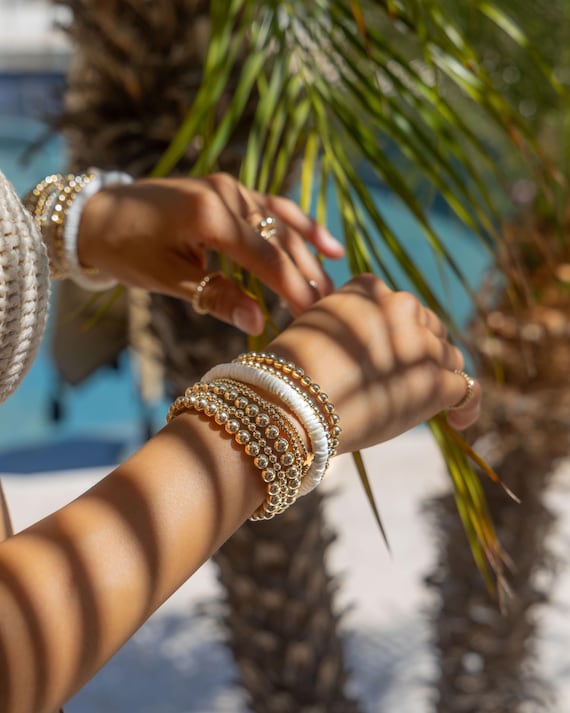 GOLD BEADED BRACELET set • dainty gold bracelet • rose gold sterling silver • stackable stretch and water resistant • gift for her • BRBP2AA