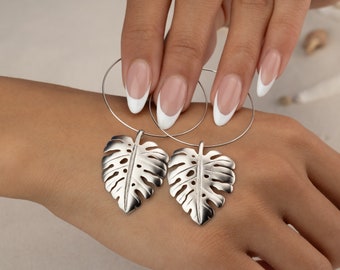 Monstera Hoop Earrings Silver Leaf Earrings Beach Tropical Palm Hoops Large Dangle Drop Earrings Unique  for Her Mom Sister Girlfriend