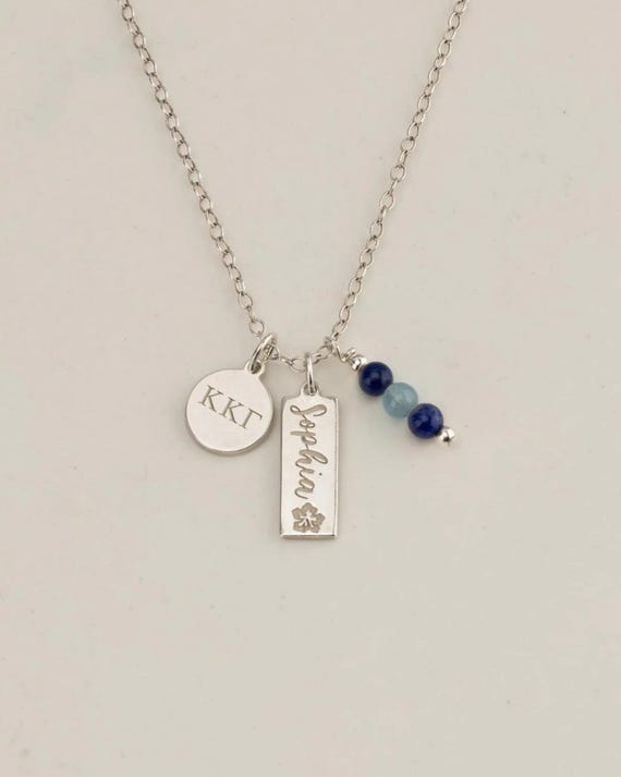 SORORITY CHARM necklace • personalized engraved pendant • genuine gemstones  • tag pendant • recruitment bid day initiation senior gift