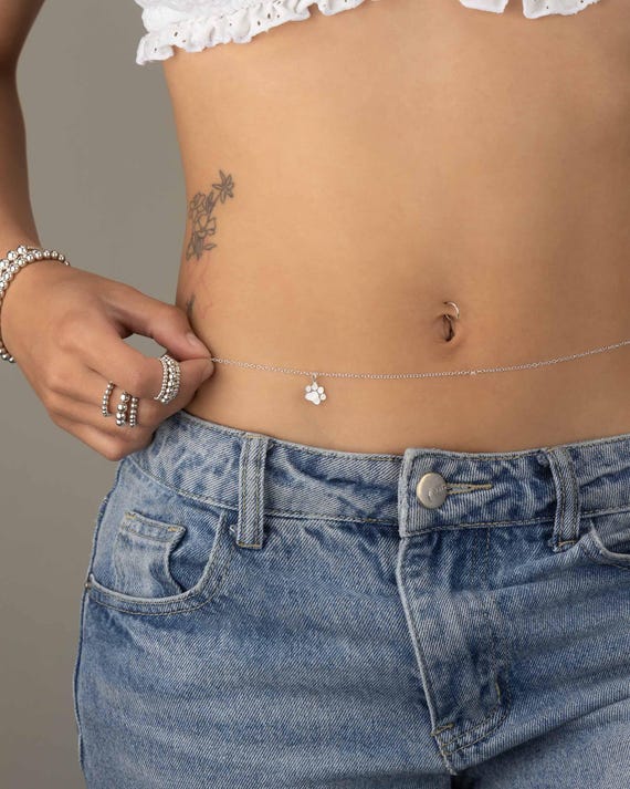 CAT PAW CHARM belly chain • personalized body chain • cat lover bikini body jewelry • water resistant waist chain • cat mom gift • BCCC3CHBC