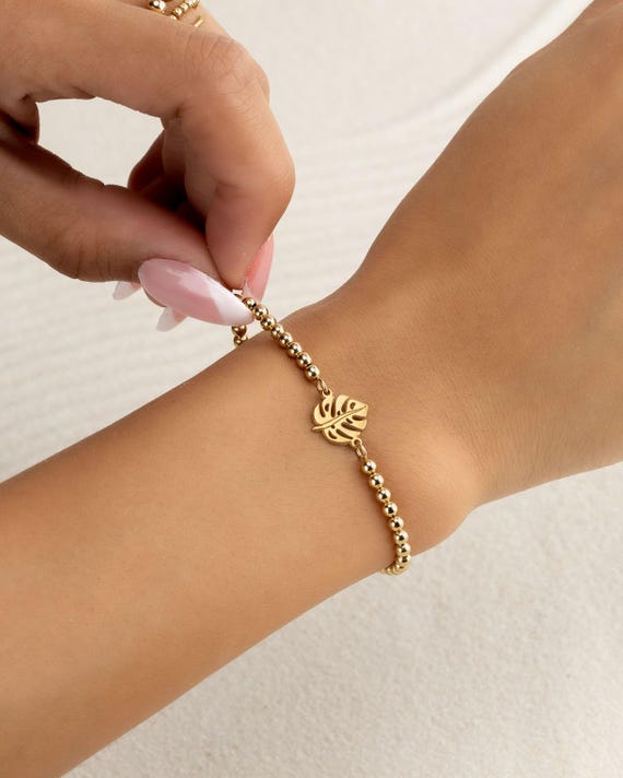 MONSTERA LEAF CHARM beaded bracelet • gift for her • beach lover jewelry • 14k gold filled or sterling silver • stretch • water resistant