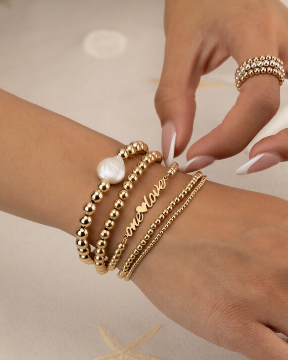 ONE LOVE BEADED name bracelet • perfect gift for her anniversary bridesmaid girlfriend honeymoon • stretch and water resistant • BRBP3AJCAp