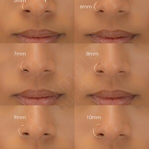 May include: Five different sizes of gold nose hoops, 5mm, 6mm, 7mm, 8mm, and 10mm, are shown on a model's nose. The text 'hoop diameter - nose' is at the top of the image. The text 'mermaid beads' is at the bottom of the image.