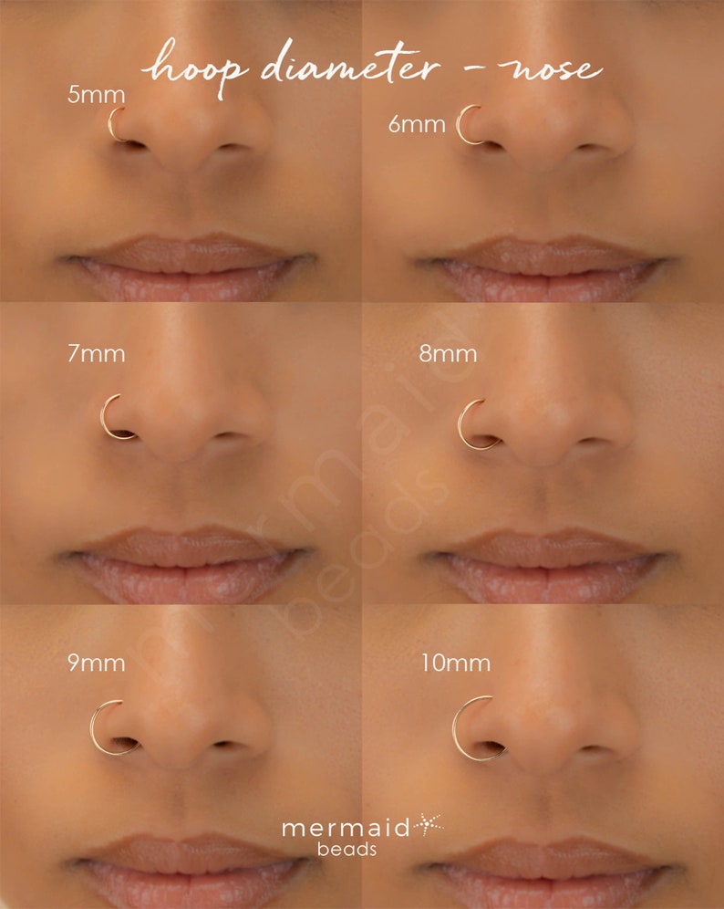 May include: Five different sizes of gold nose hoops, 5mm, 6mm, 7mm, 8mm, and 10mm, are shown on a model's nose. The text 'hoop diameter - nose' is at the top of the image. The text 'mermaid beads' is at the bottom of the image.