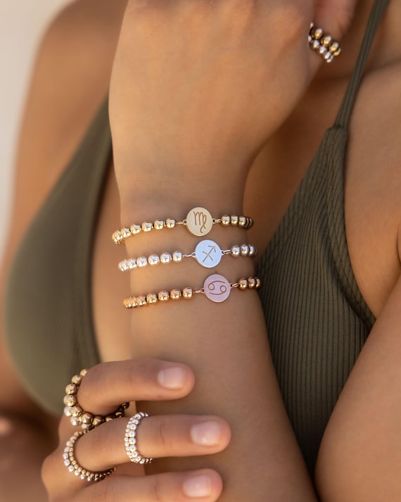 ZODIAC CHARM beaded bracelet • perfect birthday gift for her • birth sign stackable stretch bracelet anklet • water resistant • BRBP3CH2BFp
