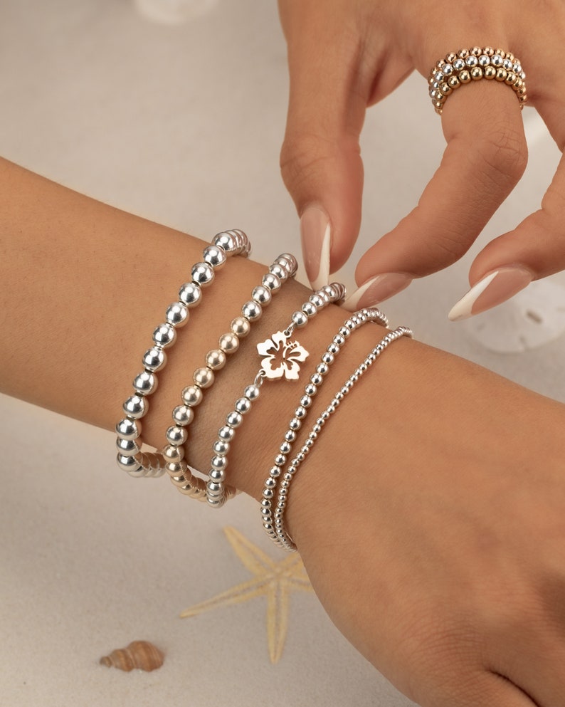 Silver Beaded Bracelet Hibiscus Flower Sterling Silver Bead Anklet Stretch Water Resistant Mom Girlfriend Daughter 2mm 3mm 4mm 5mm 6mm image 4