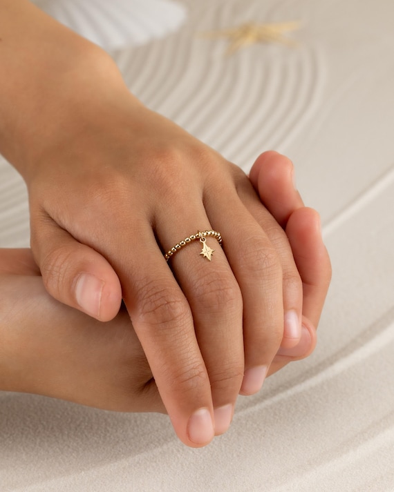 STAR CHARM BEADED ring • dainty friendship ring for her • north star dangle charm • adjustable stackable stretch water resistant • RIBP3MCAJ