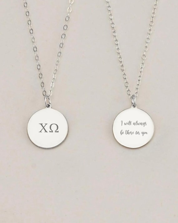 SORORITY ENGRAVED round charm pendant necklace • personalized front and back • greek letters, name, date, personal message • initiation gift