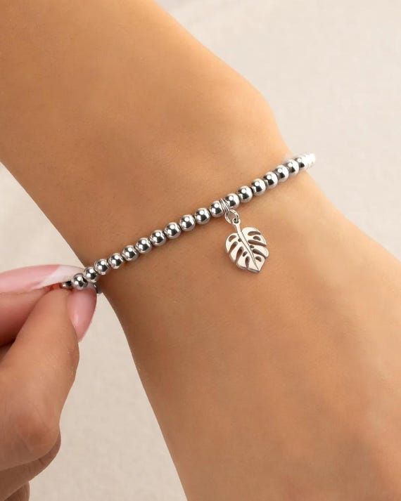 MONSTERA LEAF CHARM beaded bracelet • beach jewelry • stackable stretch • water resistant • gold, rose or sterling silver
