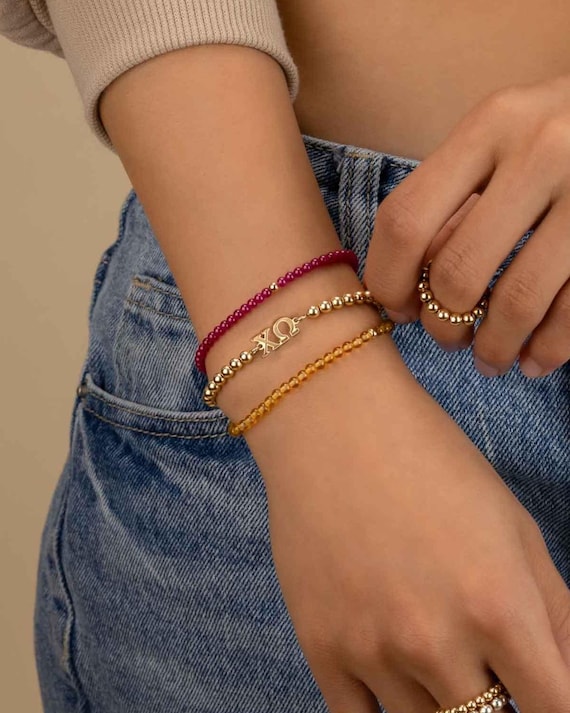 CHI OMEGA beaded bracelet set • set of 3 • red and gold bracelet stack • sorority merch • initiation gift • big lil gbig gift • BRBP3DAMIp