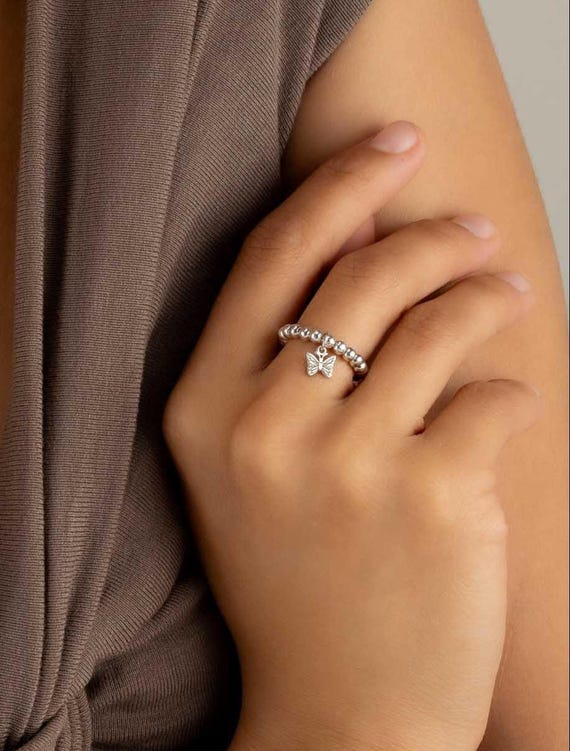 BUTTERFLY CHARM BEADED ring • 14k gold filled, rose or sterling silver • adjustable stackable stretch • water resistant