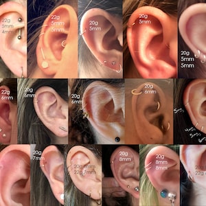 May include: A collage of 18 images showing different sizes and gauges of gold hoop earrings for ear piercings. The images show the earrings in various ear piercings, including helix, conch, and lobe piercings. The text on the images indicates the gauge and diameter of each earring. The earrings are all made of gold and have a simple, classic design.
