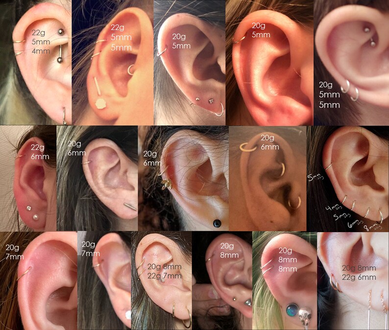 May include: A collage of 18 images showing different sizes and gauges of gold hoop earrings for ear piercings. The images show the earrings in various ear piercings, including helix, conch, and lobe piercings. The text on the images indicates the gauge and diameter of each earring. The earrings are all made of gold and have a simple, classic design.