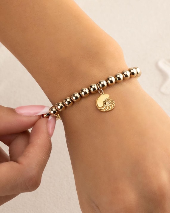 SEASHELL CHARM beaded bracelet • gold, rose or sterling silver • beach jewelry • stackable stretch bracelets • water resistant