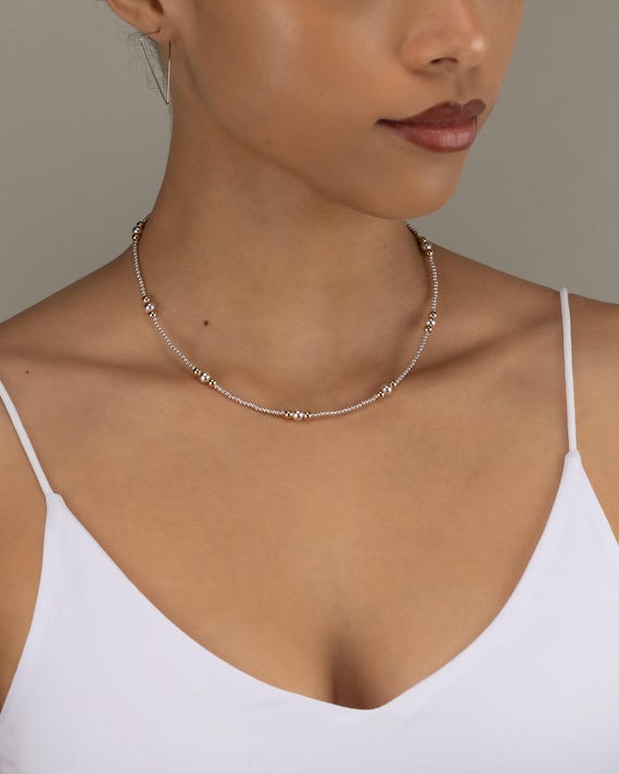 MIXED METAL BEADED necklace • 925 Sterling silver and 14k gold filled • water resistant • everyday wear • adjustable choker