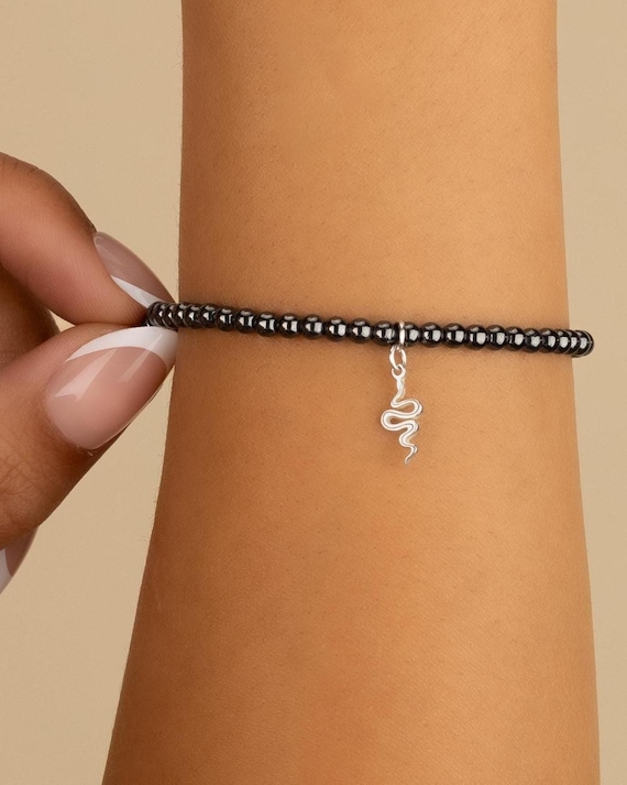 HEMATITE CHARM BRACELET • personalized charm jewelry • stretch beaded bracelet • perfect gift for her  genuine gemstone • water resistant