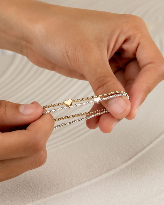 HEART BEADED BRACELET • 2mm bead dainty bracelet • 14k gold filled • sterling silver • stretch water resistant • gift for her • BRBP2BDAA