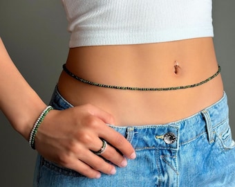 EMERALD WAIST BEADS 3MM • beaded belly chain • May birthstone Taurus Gemini • perfect gift for her • adjustable water resistant • BCBS2AG