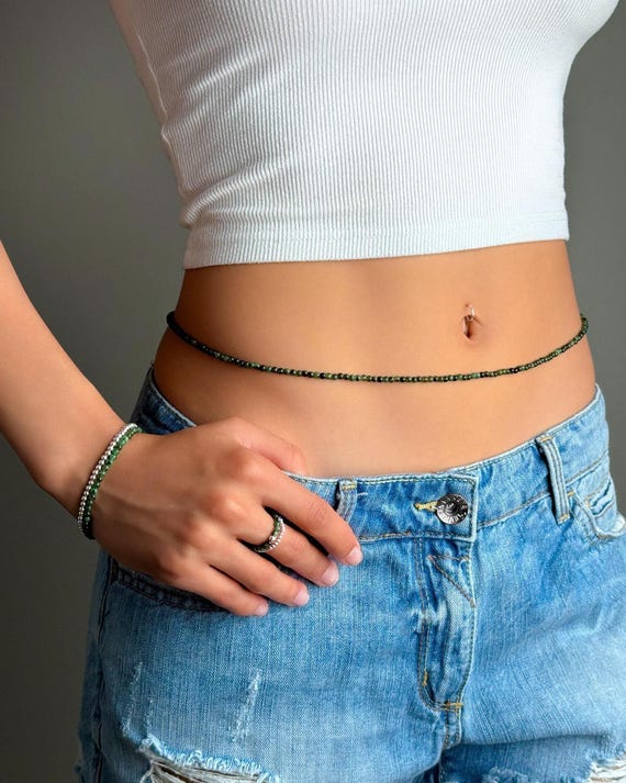 EMERALD WAIST BEADS 3MM • beaded belly chain • May birthstone Taurus Gemini • perfect gift for her • adjustable water resistant • BCBS2AG