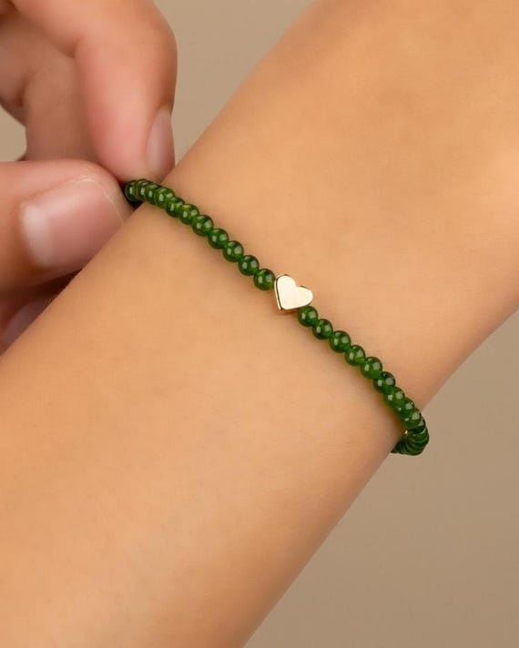 JADE HEART beaded bracelet • waterproof • genuine gemstone • 14k gold filled or sterling silver • stretch • anniversary gift