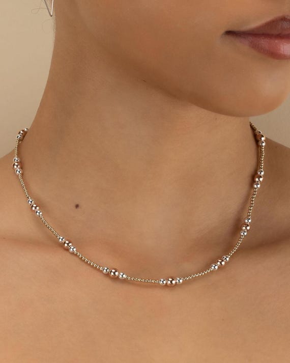 MIXED METAL BEADED necklace • 3 color choker • waterproof • 14K gold filled, rose and 925 Sterling silver • chunky statement jewelry