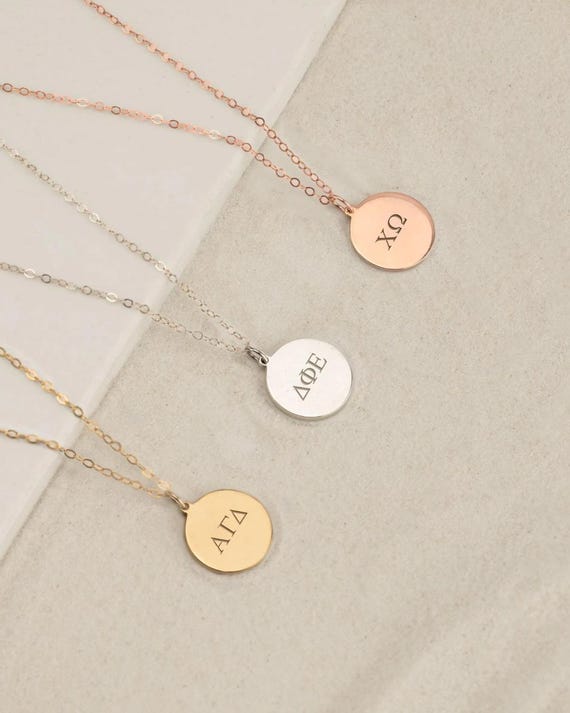 SORORITY ENGRAVED round charm pendant necklace • personalized front and back • greek letters, name, date, personal message • initiation gift