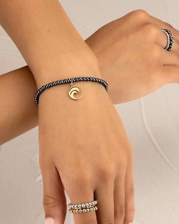 HEMATITE CHARM BRACELET • personalized charm jewelry • stretch beaded bracelet • perfect gift for her  genuine gemstone • water resistant