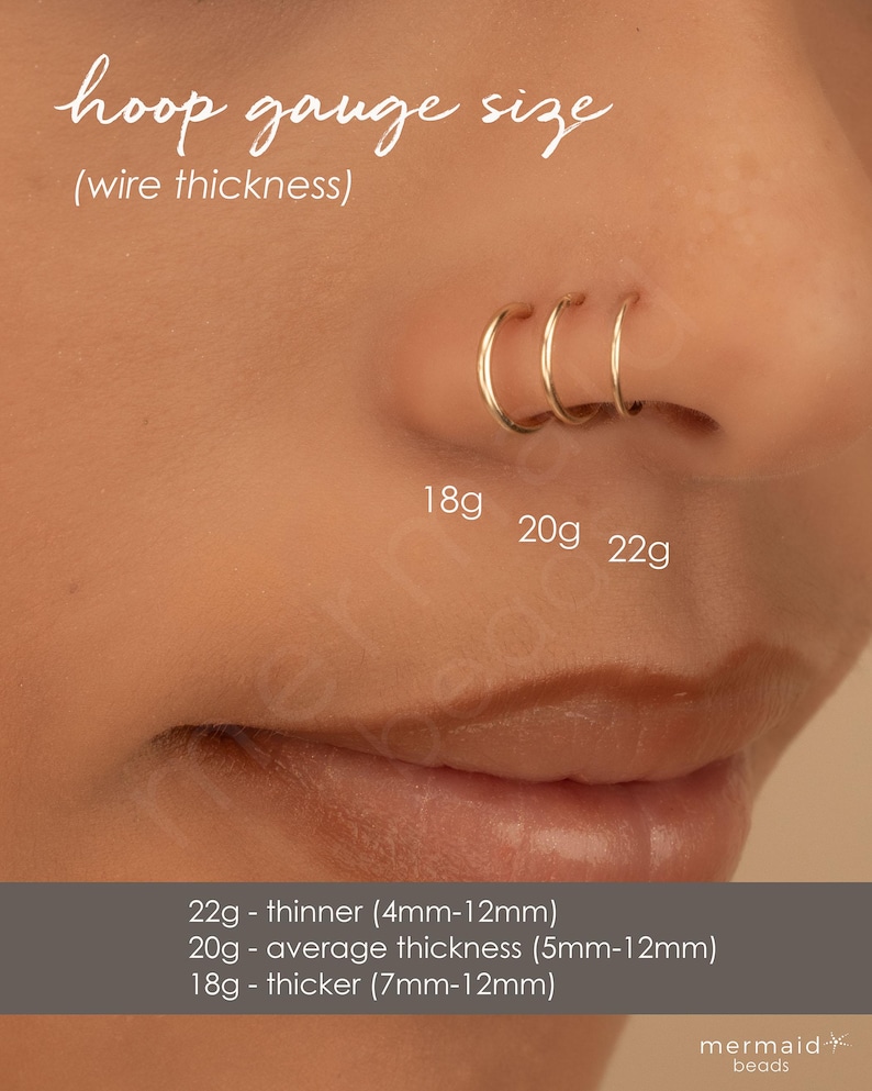 a close-up of a person's nose with three hoop earrings attached, providing size information for the hoop gauge sizes.