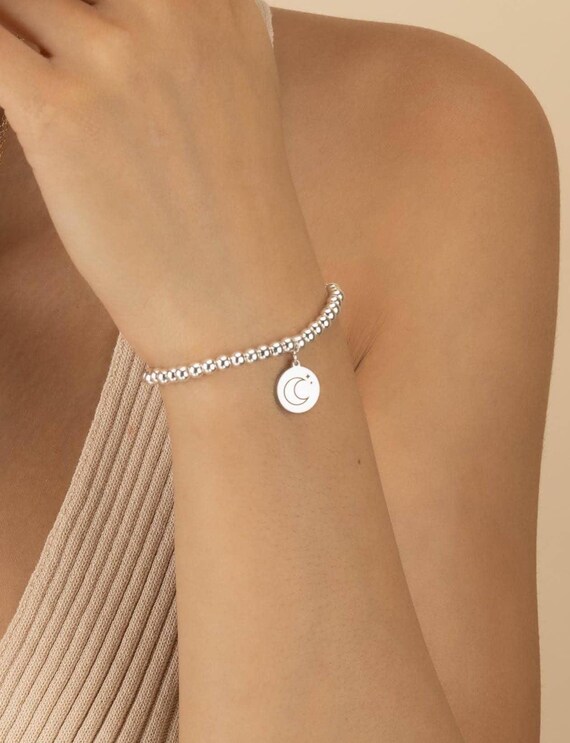 MOON STARS CHARM beaded bracelet • gift for her • celestial jewelry • stackable bracelet • sterling silver stretch water resistant BRBP3CHAX