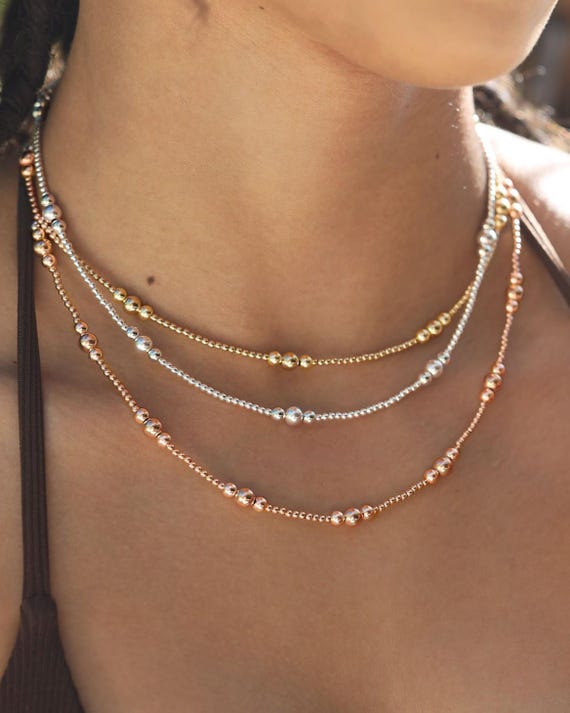 CHOKER BEADED NECKLACE • 14k gold filled, 925 Sterling silver or rose gold filled • mixed sizes • water resistant • 2mm 4mm 6mm round beads