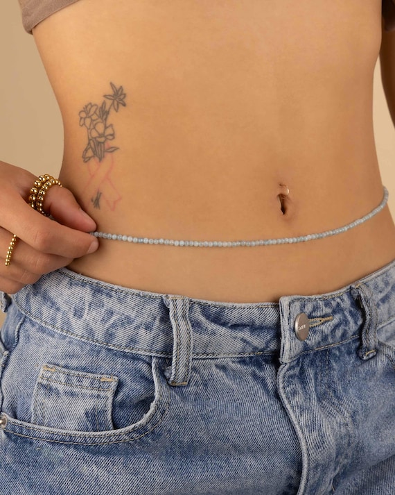 AQUAMARINE WAIST BEADS 3MM | beaded belly chain | March birthstone Aries Pisces | gift for her | adjustable and water resistant | BCBS2AC