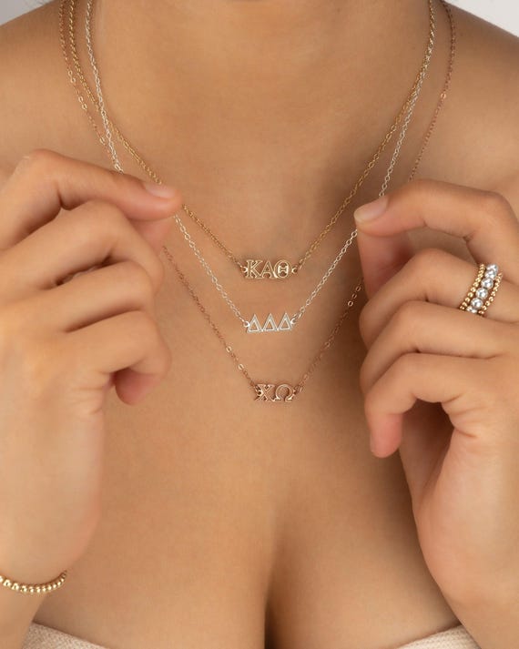 SORORITY NAME necklace • greek letters jewelry • Kappa Alpha Theta Chi Omega Delta Pi Zeta Gamma Phi Mu Sigma Omicron Psi Xi Beta NECC3DMMIp
