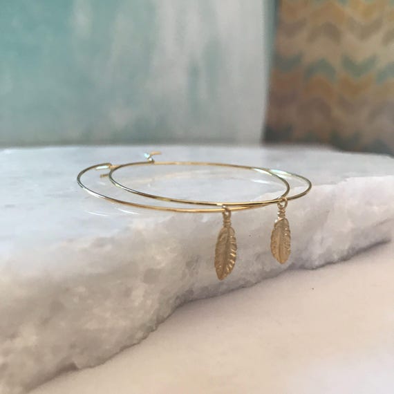 GOLD HOOPS EARRINGS with charm • delicate dangle earrings • leaf feather charm • anniversary birthday gift • nickel free jewelry • EAHL1AS