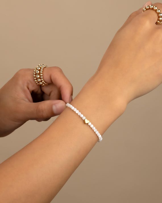 MOTHER of PEARL HEART beaded bracelet • tiny heart bracelet • Sterling silver gold filled bridal gift • stretch water resistant • BRBS2BDAC