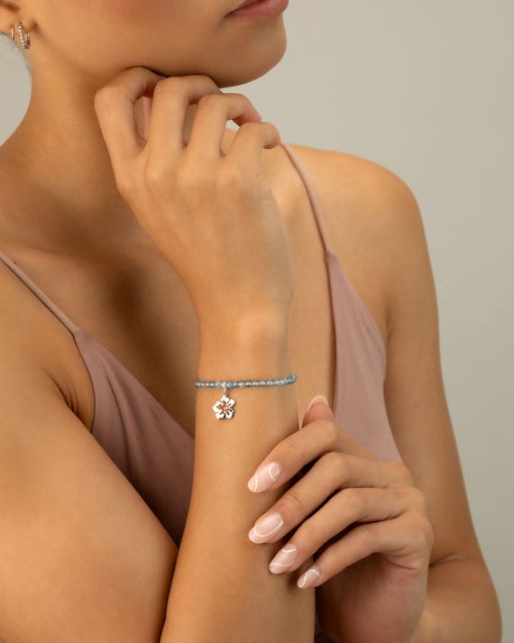 AQUAMARINE CHARM BRACELET • personalized charm • march birthstone • pisces aries • dainty bracelet gift • stretch water resistant BRBS3CHAGp