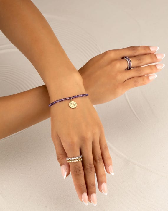 AMETHYST CHARM BRACELET • personalized charm • February birthstone • Aquarius Pisces • dainty bracelet • stretch water resistant BRBS3CHAGp