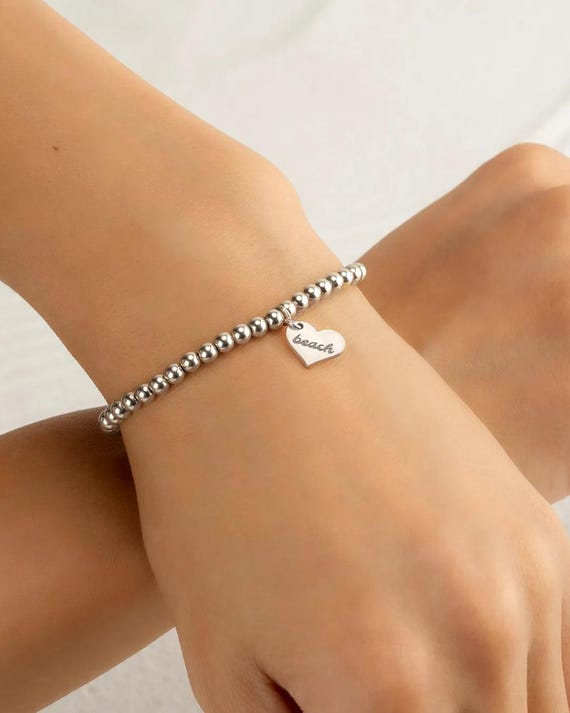 ENGRAVED HEART CHARM beaded bracelet • personalized • bridal jewelry • gold, silver or rose gold • water resistant •