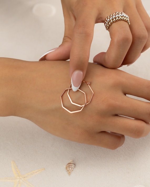 ROSE GOLD HEXAGON earrings • delicate geometric dangle earrings • silver gold hoops • anniversary birthday gift • nickel free • EAHL1AF
