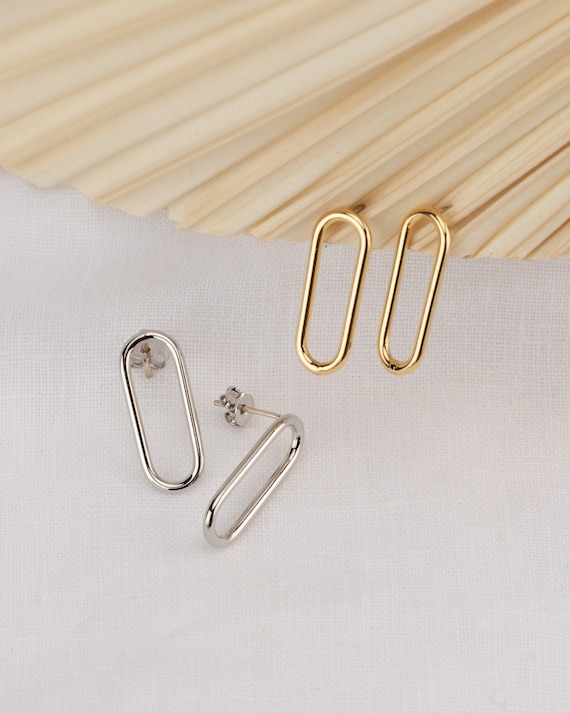 Gold Earrings Paperclip Chain Oval Minimalist Hoop Earrings Rectangle  Silver Earring Unique  For Her Pierced Hoop Summer Jewelry