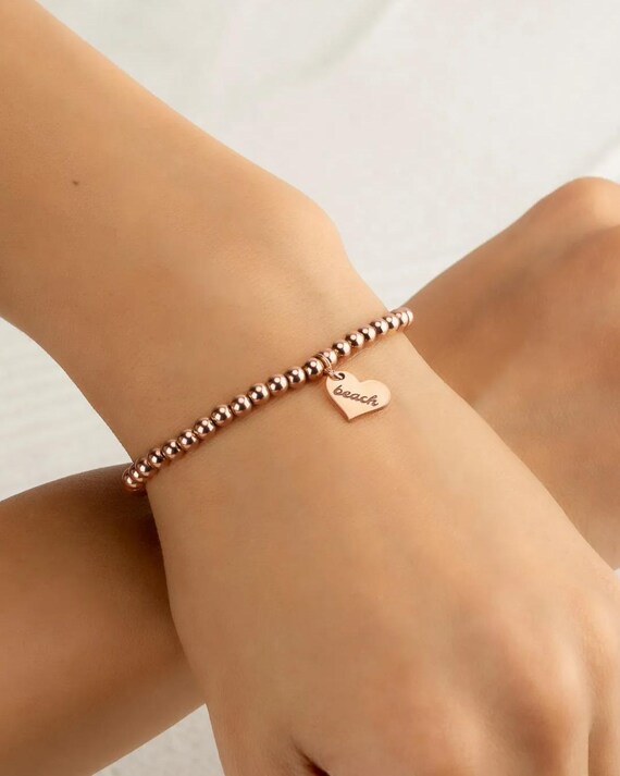 ENGRAVED HEART CHARM beaded bracelet • personalized • bridal jewelry • gold, silver or rose gold • water resistant •