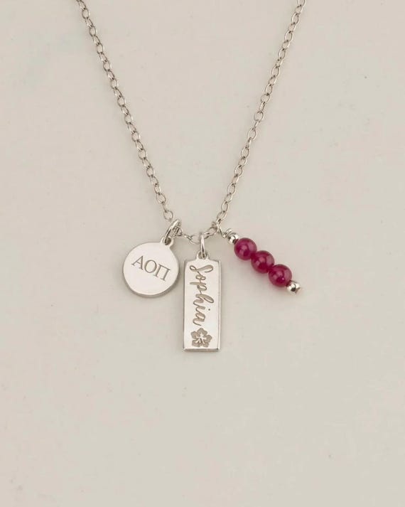 SORORITY CHARM necklace • personalized engraved pendant • genuine gemstones  • tag pendant • recruitment bid day initiation senior gift