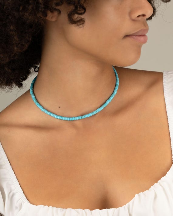 TURQUOISE NECKLACE heishi beads • December birthstone • Sagittarius Capricorn • cowgirl western fashion • choker • water resistant • NEBH2AD