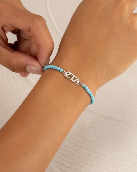 SORORITY TURQUOISE bracelet • personalized greek letters • recruitment bid day initiation gifts • sorority merch bead jewelry• senior gifts