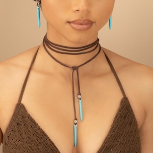 TURQUOISE LEATHER CHOKER necklace | coastal cowgirl western jewelry | boho lariat y necklace | vegan leather | adjustable wrap | NELE2AA