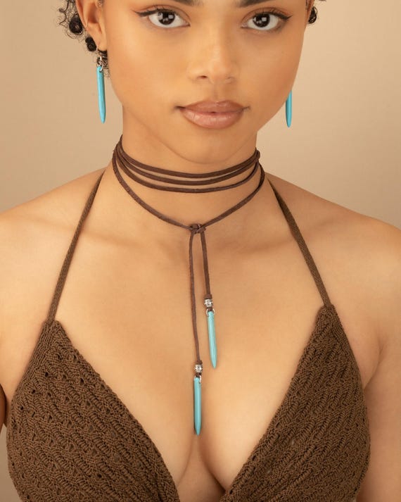 TURQUOISE LEATHER CHOKER necklace | coastal cowgirl western jewelry | boho lariat y necklace | vegan leather | adjustable wrap | NELE2AA