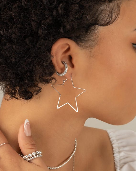 SILVER STAR EARRINGS • delicate celestial dangle earrings • coastal cowgirl gold hoops • anniversary birthday gift • nickel free • EAHL1AH